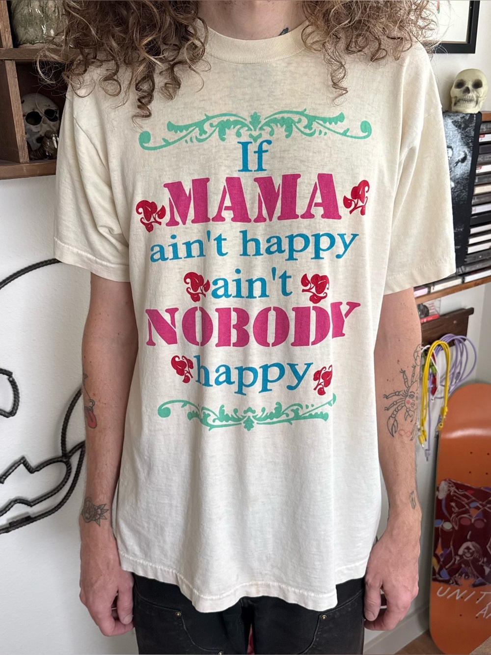 Vintage 80s 90s If Mama Ain't Happy Ain't Nobody Happy Cream Tee ~ Size Medium